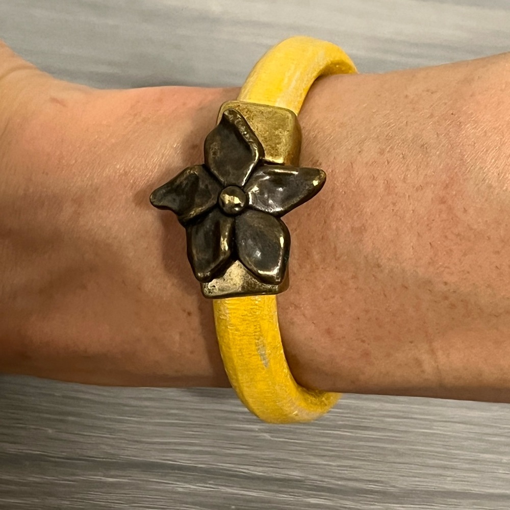 Leather Yellow Bracelet with Bronze Metal Flower, Boho